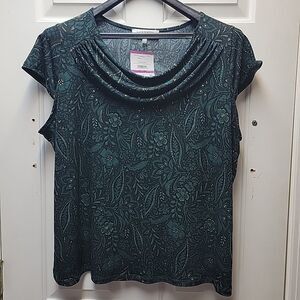 Kasper Women's Top Plus Size 2X Paisley Cowlneck Green Gold Workwear NEW w Tags